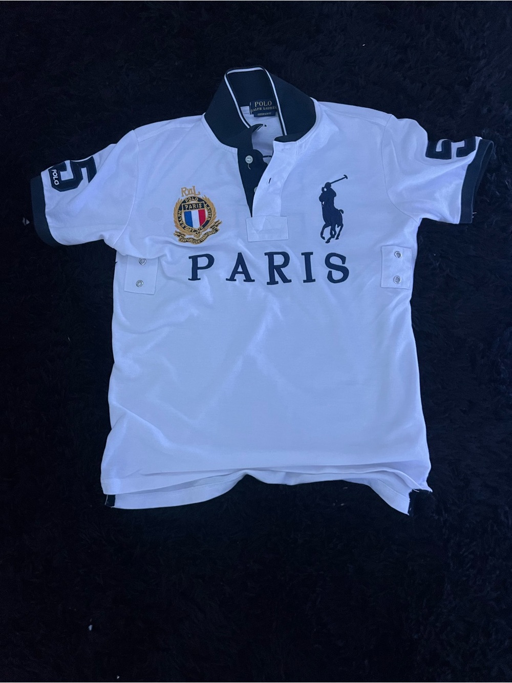 Ralph Lauren White Polo Shirt with Navy Details and Paris Crest